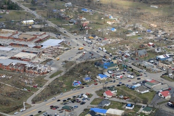 Damage from an EF4 tornado in Henryville, Indiana on March 2, 2012 (Source: NOAA, via Wikimedia)